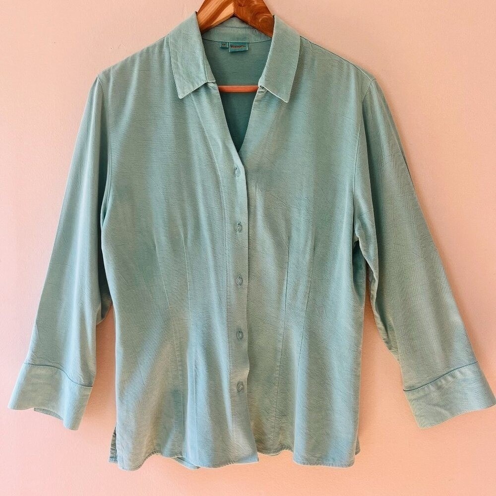 Tianello TENCEL Sz M Turquoise Aida Blouse Boyfriend Shirt Button Up V Neck Top